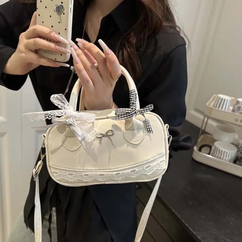 

All-Match PU Leather Boston Handbag Lace Ribbon Waterproof Crossbody Bowling Bag Korean Style Texture Small Square Bag Work