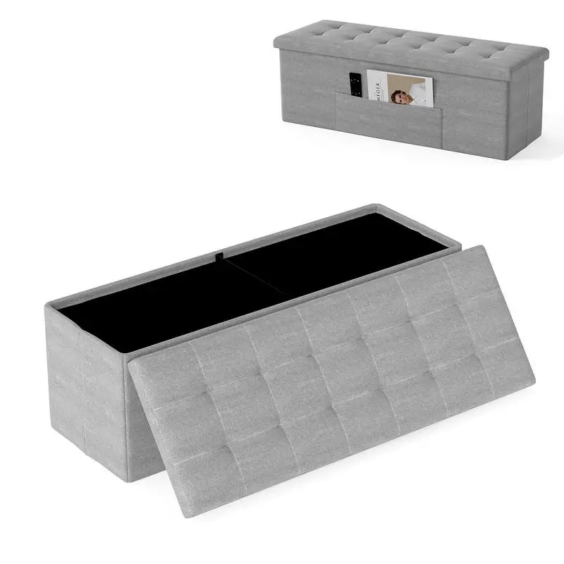 

43 Inches Folding Storage Ottoman Bench Linen End of Bed Bench with Padded Seat-Light Gray