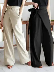 Celmia Sommer Atmungsaktive Baumwolle Lange Hosen Frauen Casual Hohe Taille Leichte Hosen 2022 Mode Feste Breite Bein Pantalon