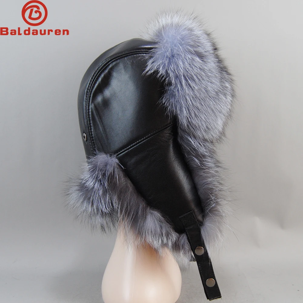 Unisex Winter Thick Warm Ears Fashion Bomber Cap Outdoor Windproof 100% Real Fur Hat Natural Silver Fox Fur Russian Ushanka Hats