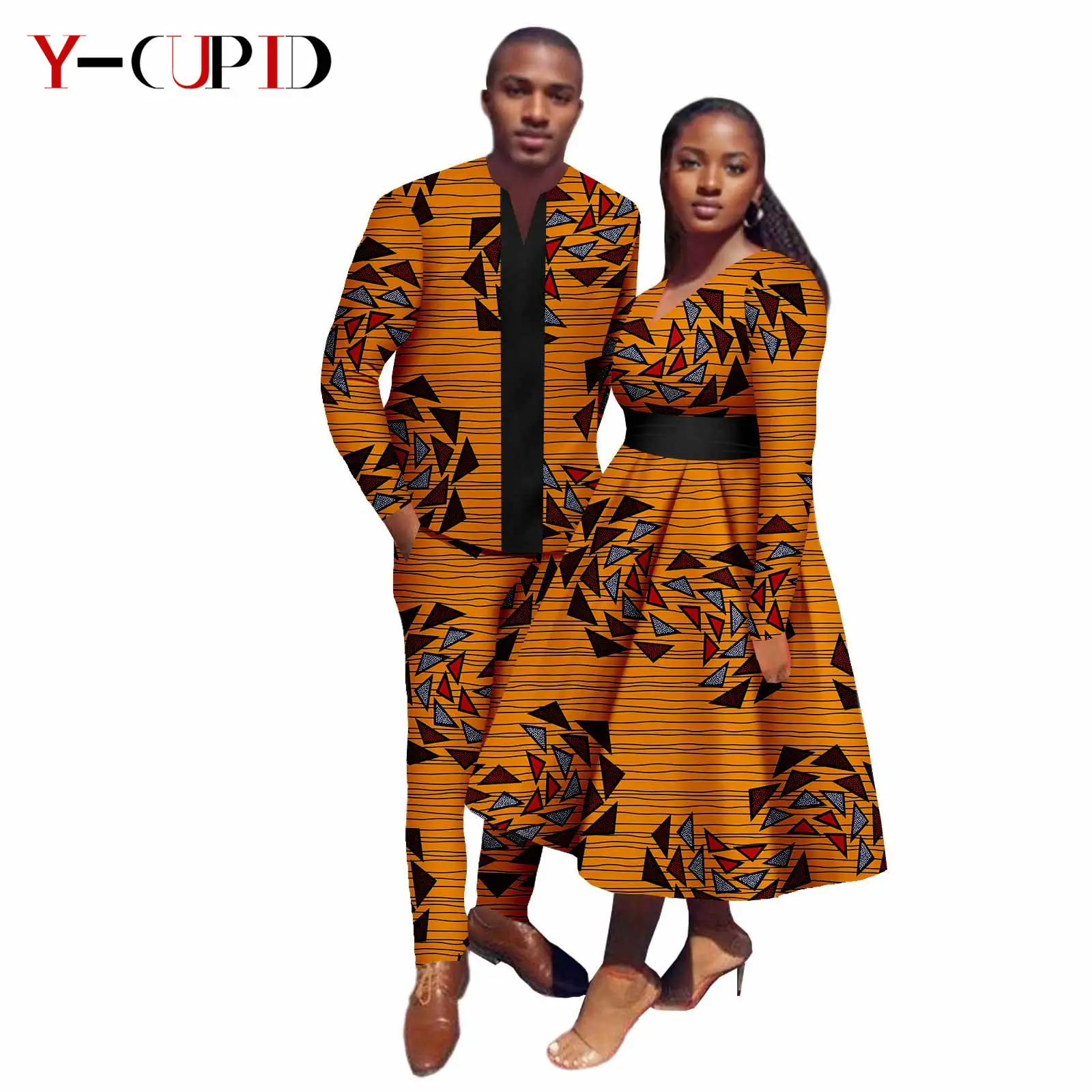 

African Traditional Print Dresses for Women Matching Couple Outfits Dashiki Men Top and Pant Sets Bazin Riche Party Wear 24C039