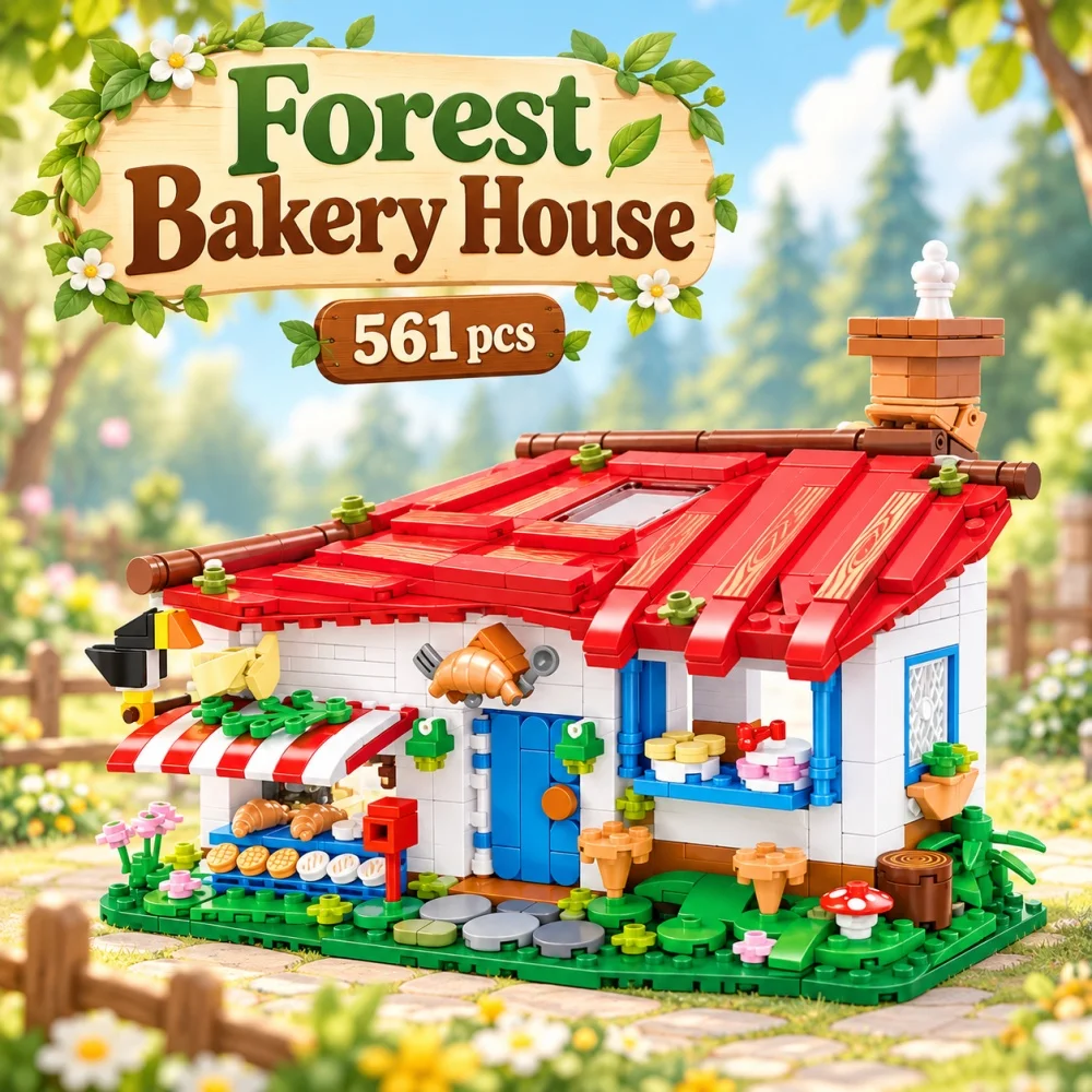 561pcs MOC Forest Bakery House Building Blocks, Cottage Villa Architecture Model Ornament, Creative Holiday Kids Gift