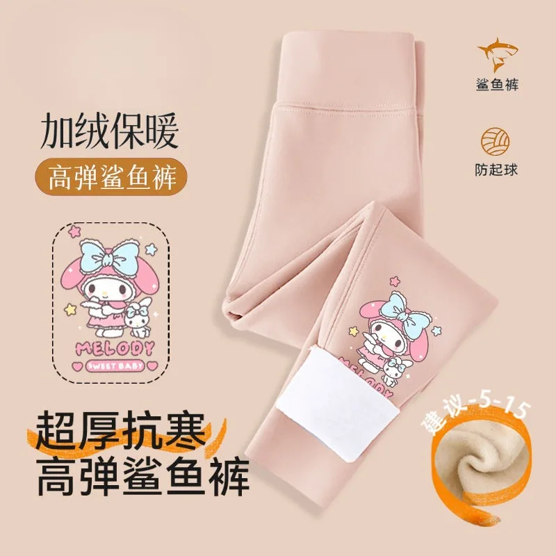 Pantalones de tiburón Kuromi de dibujos animados para niñas, además de terciopelo grueso, Otoño e Invierno, My melody, nuevas mallas de Yoga, pantalones Barbie para niños