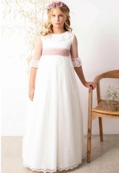 Vestido de renda branco com faixa borboleta para meninas, vestido longo com meia manga, vestido de primeira comunhão, apliques de tule, casamento e aniversário, florista