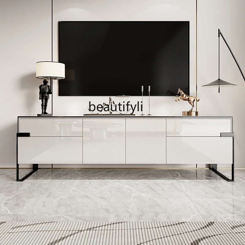 

TV Cabinet Modern Simple Living Room Light Luxury Style Side Cabinet Stainless Steel Paint Solid Wood Floor Cabinet