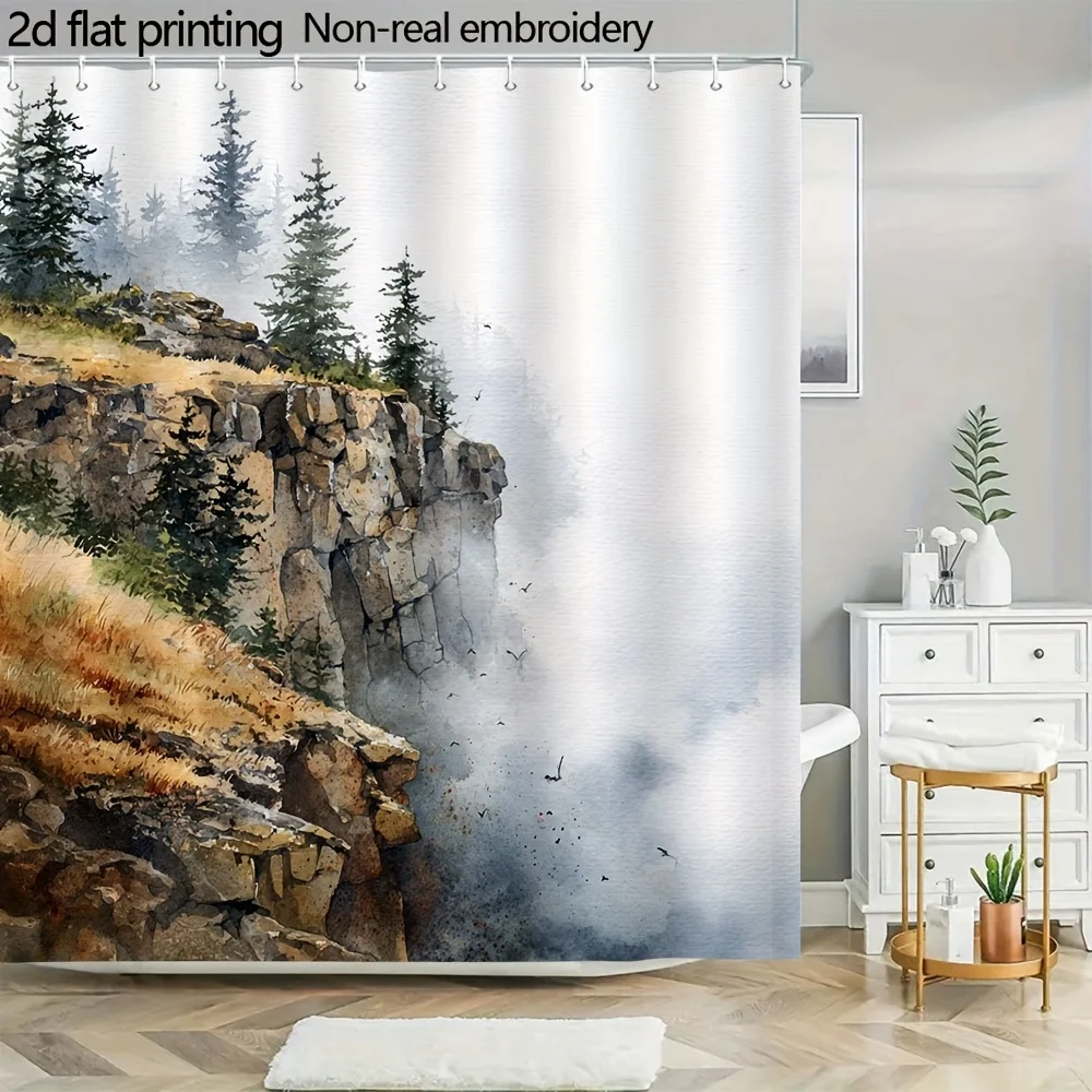 Misty Cliffside Pine Landscape Shower Curtain 1pc with 12 Hooks for Bathroom Home Decor Polyester 2D Flat Print 70.8x70.8 Inch