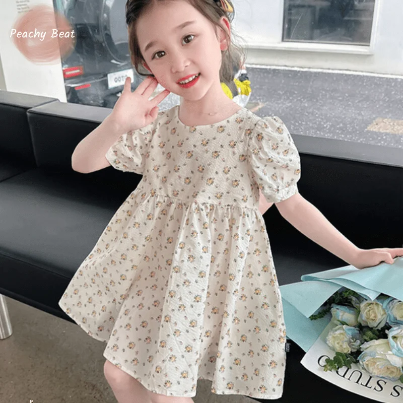 Baby Girl Bow Back Dress Infant Toddler Child Flower Print Vestido Puff Short Sleeve Frocks Summer  Casual Baby Clothes 1-10Y