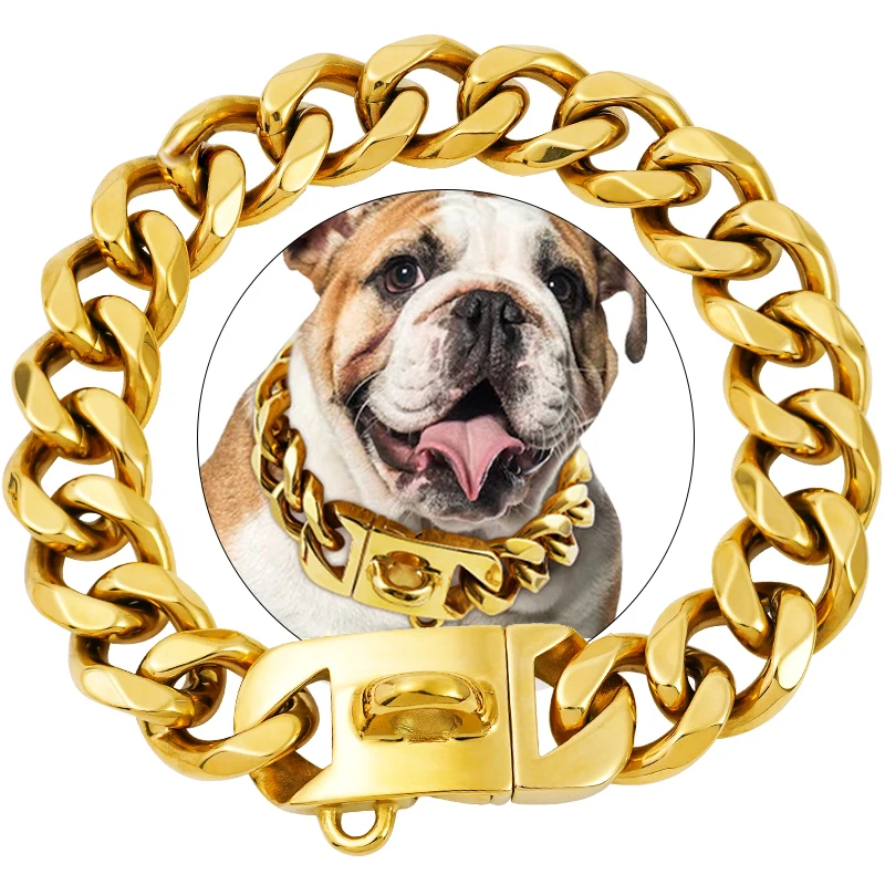 23MM Stainless Steel Chain Dog Gold Collar Cuban Link Heavy Duty Bull for Large Big Dogs