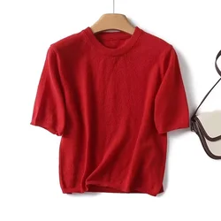 Dave&Di Tshirts Women For 2024 Summer Fashion Red Short Sleeve  Elegant Knitwear Casual Pullovers Tops