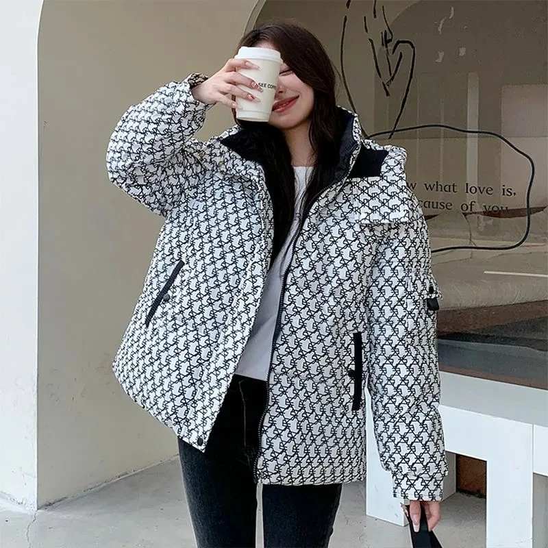 2023 Winter Shiny Plaid Jacket for Girls Hooded Thicken Warm Coat Parkas Outerwear Printed short women\'s Puffer versatile coat