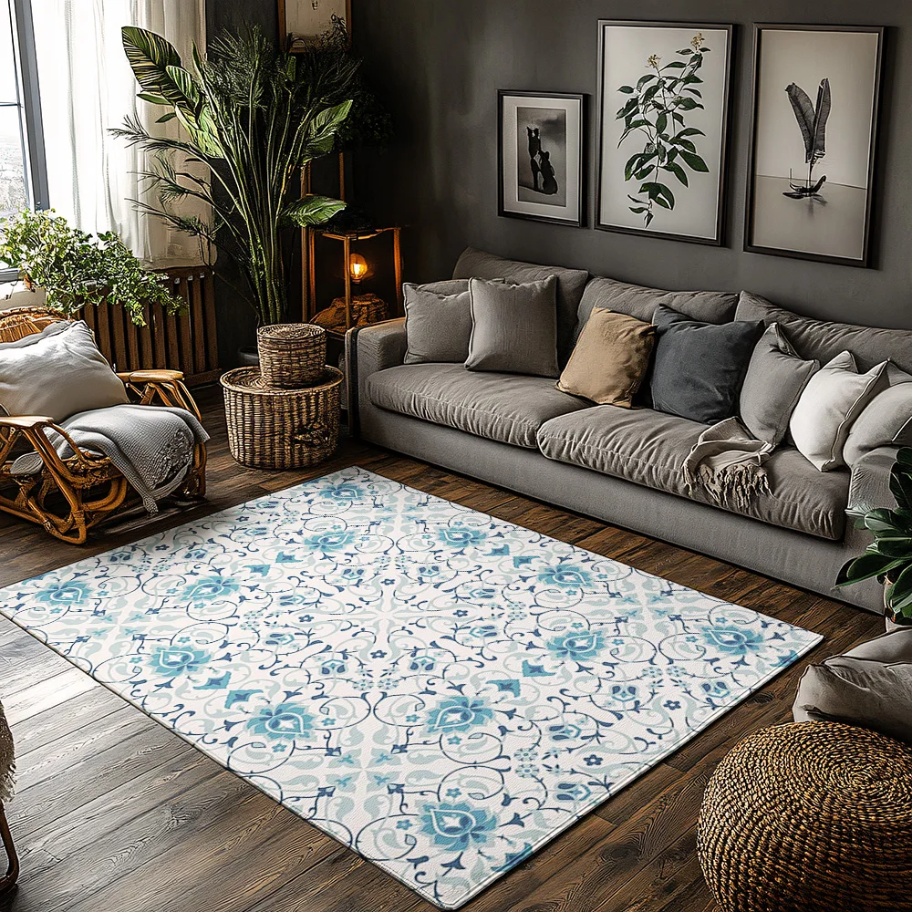 

Blue Floral Carpet Washable Non Slip Indoor Outdoor Rug Persian Style Area Rug Home Decor Living Room Bedroom Floor Mats