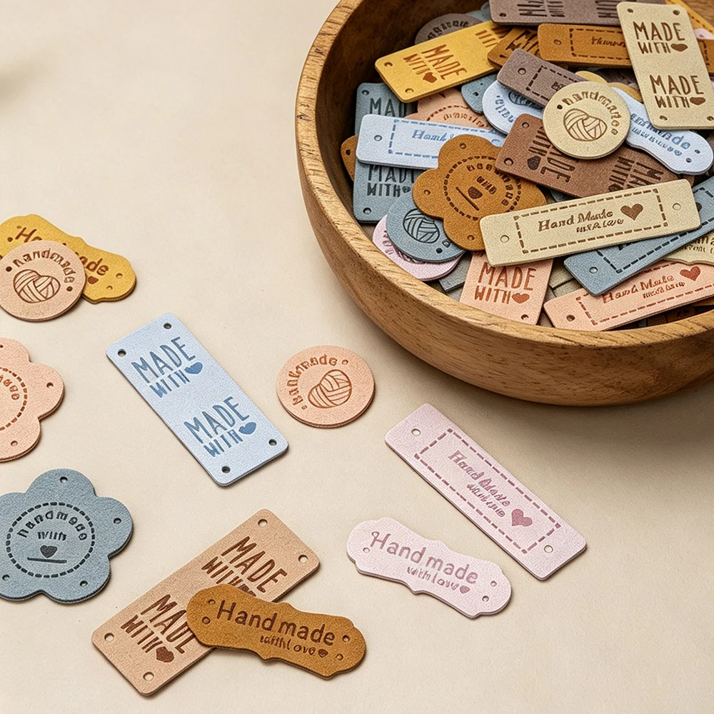 50Pcs PU Leather Handmade Tags, 5 Different Styles & 10 Colors Labels for Knitting DIY Hats Scarves Gloves Bags Shoes Jeans view 4
