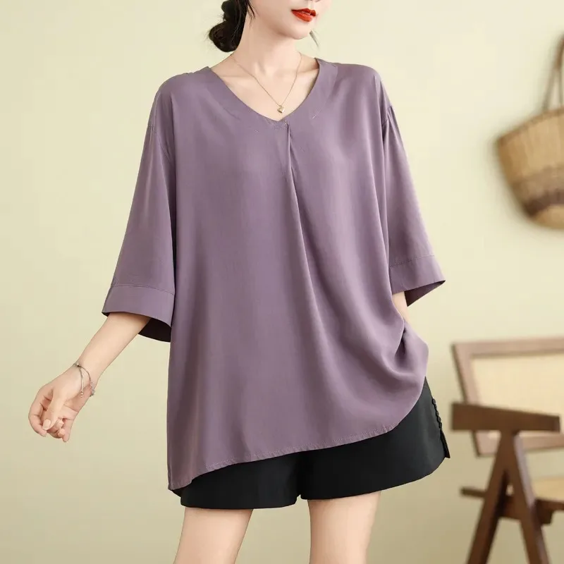 Pullover alla moda con scollo a V allentato da donna con scollo a V manica a cinque quarti tinta unita versatile semplice e confortevole top a mezza manica