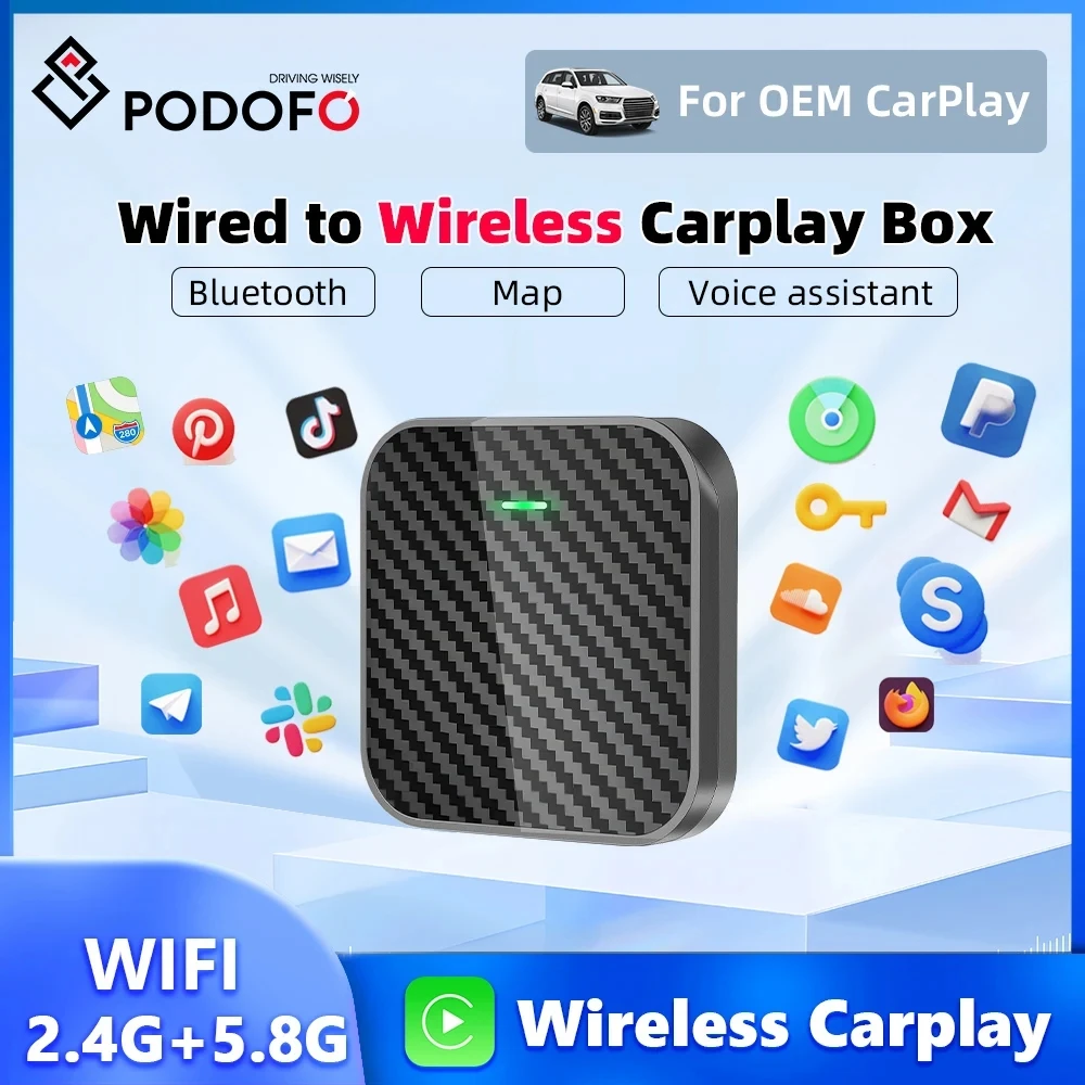 Podofo Wired To Wireless Carplay Box Carplay Bluetooth Adapter USB/Type-C Port WIFI Voice Control GPS Navigation For iPhone