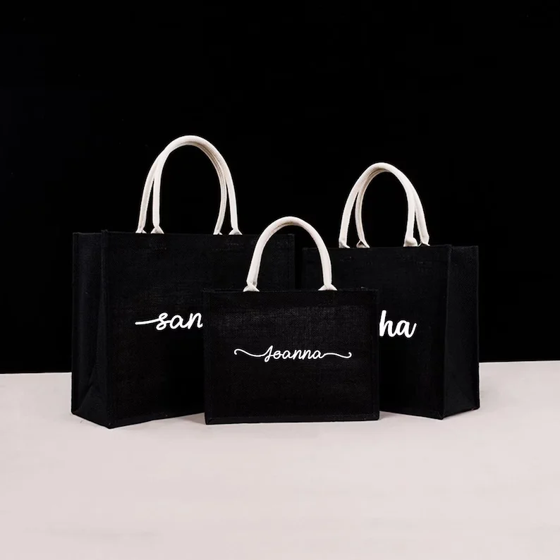 Personalized Black Burlap Tote Bags Custom Name Burlap Jute Bag Bachelorette Beach Wedding Tote Bags Bridal Bridesmaid Gifts