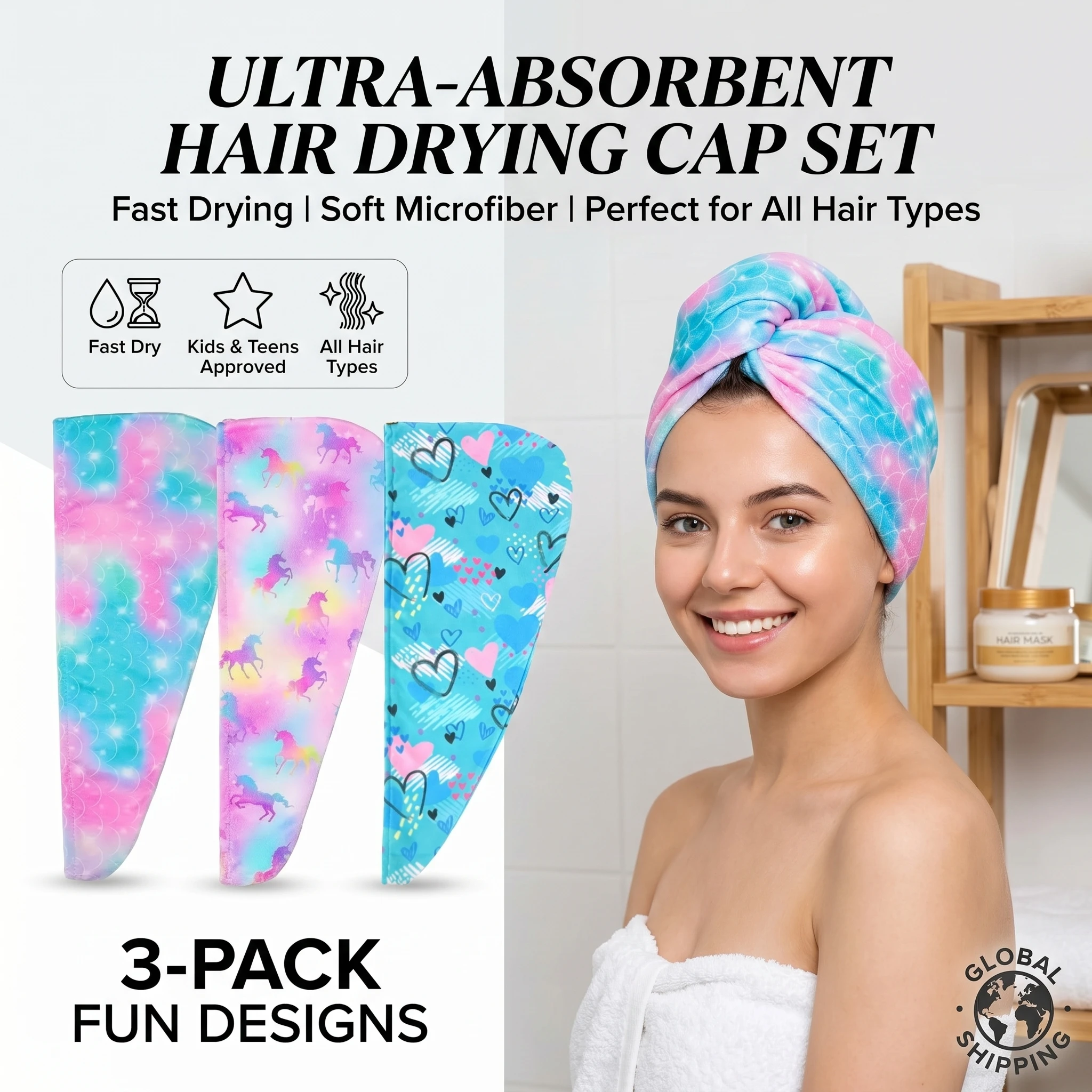 3Pcs Cartoon Printed Hair Drying Cap, Quick-Dry Microfiber Turban with Button, Super Absorbent Soft Wrap for Curly Long Hair