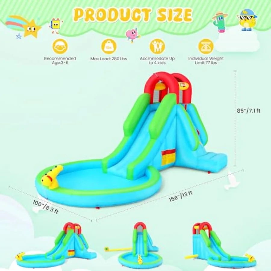 Inflatable Water Slide Bounce House for 3-12 PVC Aqua Blue Heavy-Duty Vinyl with Reinforced Seams Splash Pool Sprinkler System view 6