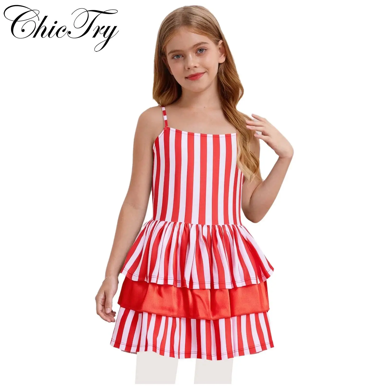 

Kids Girls Clown Striped Cosplay Costume Carnival Roleplay Dress Adjustable Straps Back Waist Bow Layered Ruffle Puffy Hem Skirt