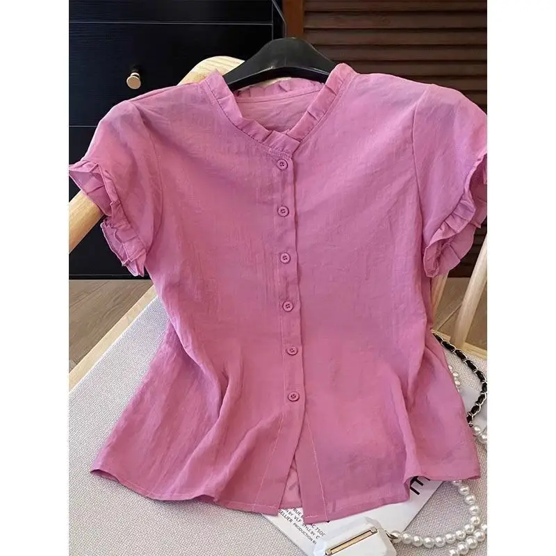 

Black Fungus Collar Short Sleeved Shirt Summer New Fashion Single Breasted Top For Women