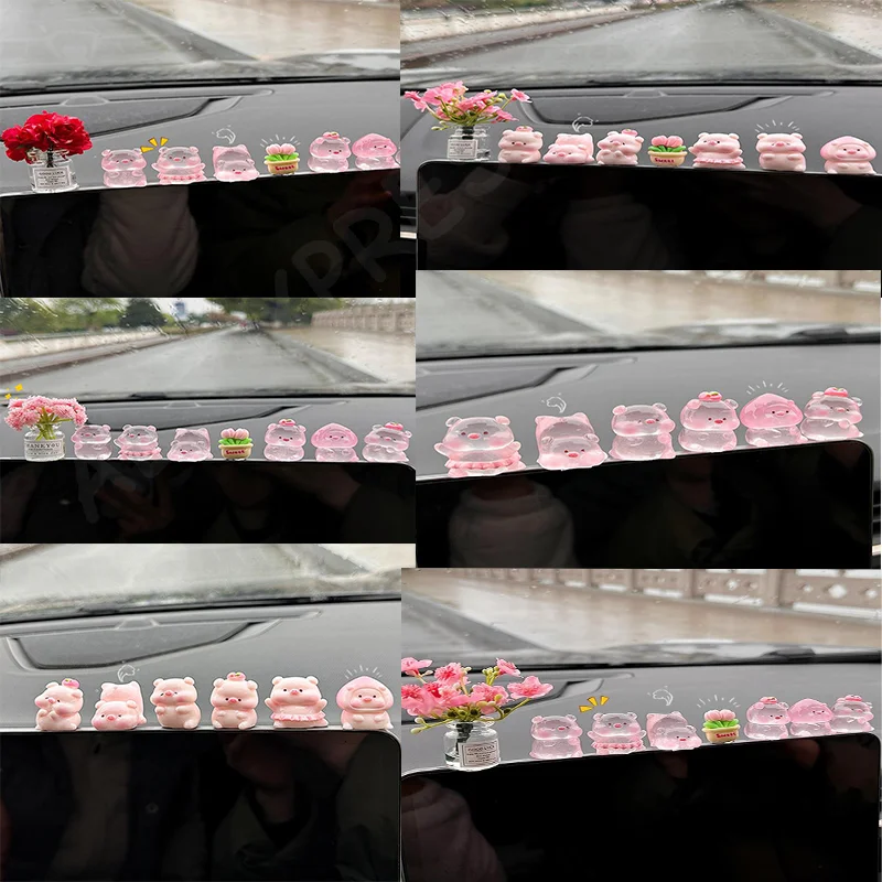 مجموعة من زخارف وإكسسوارات لوحة قيادة السيارة على شكل خنزير كرتوني لطيف من الراتنج #2