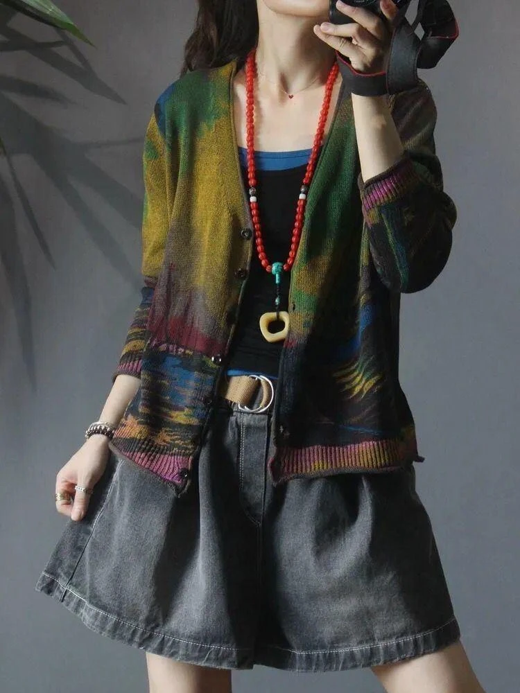 

1902 легкая корейская уличная одежда, модные популярные женские кардиганы Y2k, свободные женские вязаные свитера с v-образным вырезом и графикой, верхняя одежда на осень