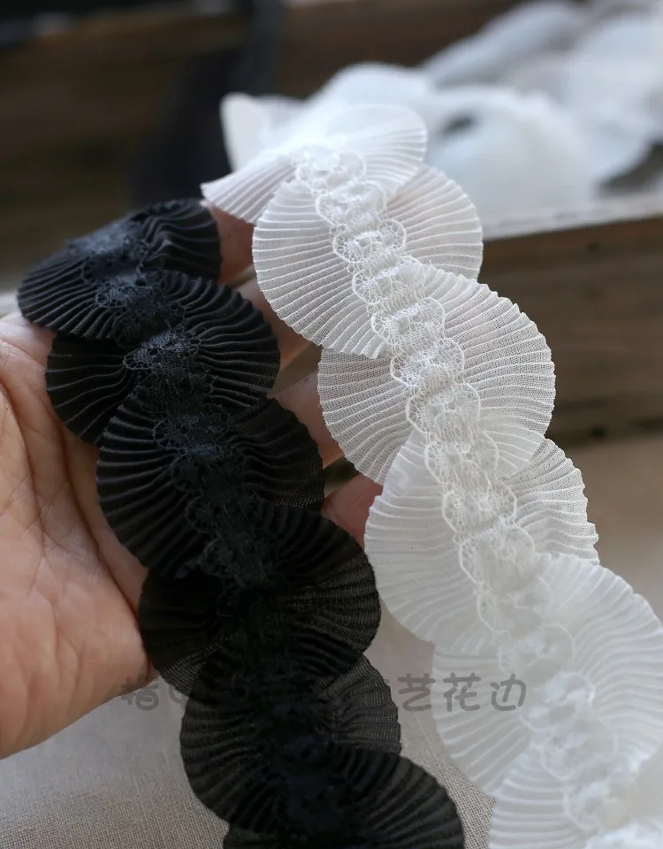 2 metre 5cm geniş siyah beyaz pileli dantel Trim giysi aksesuarları