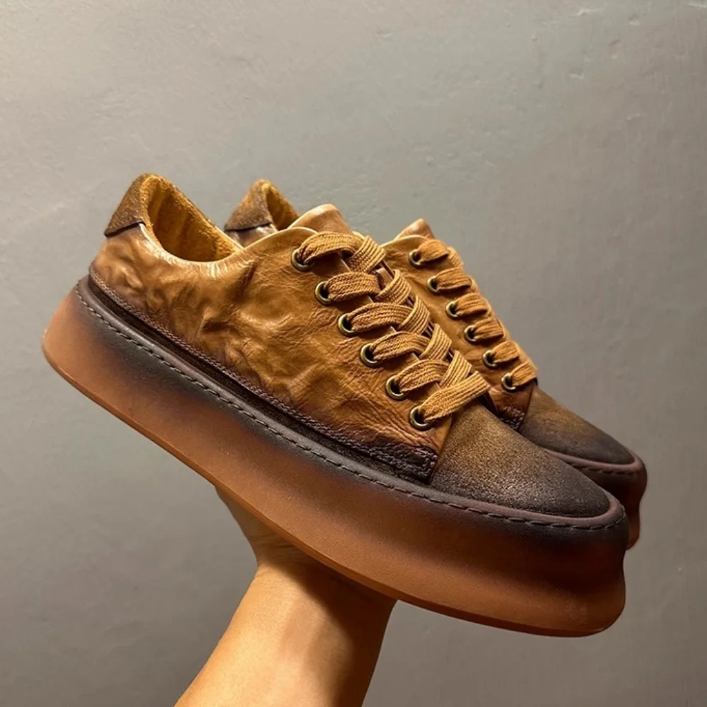 

QHCCID Vintage Handmade Male Cowhide Shoes round Toe Thick Soled Casual Spring Autumn Collection