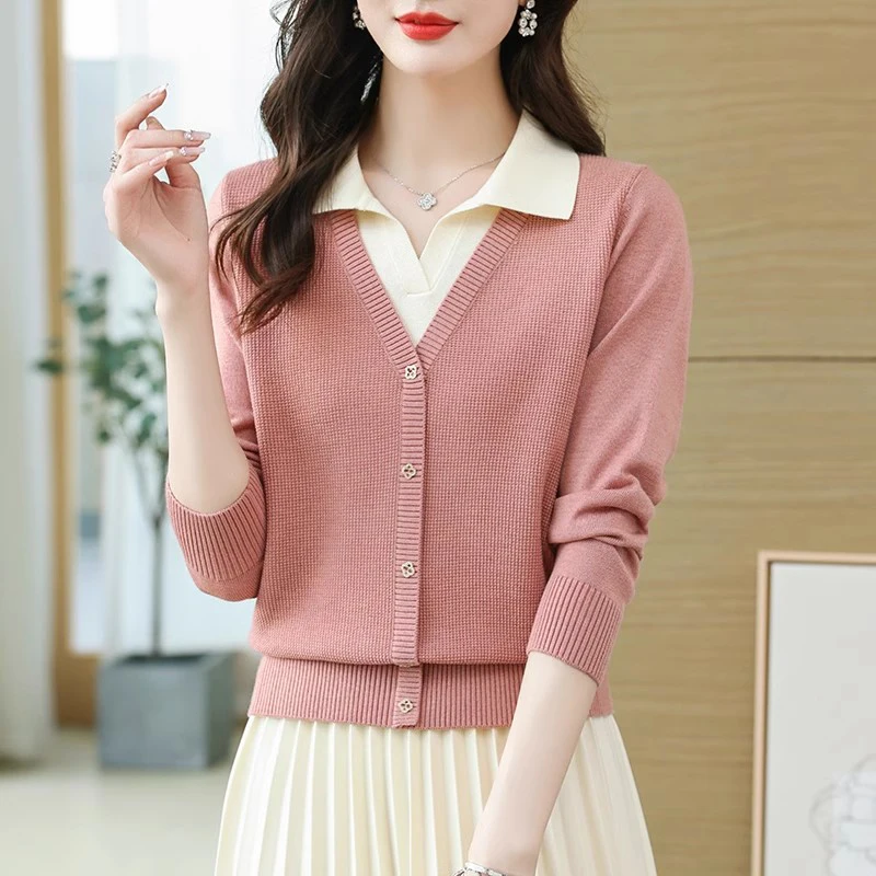 Lapel Collar Fake Two Piece Knit Sweaters Women Spring Autumn Long Sleeve Patchwork Pullover Tops Female Knitwear