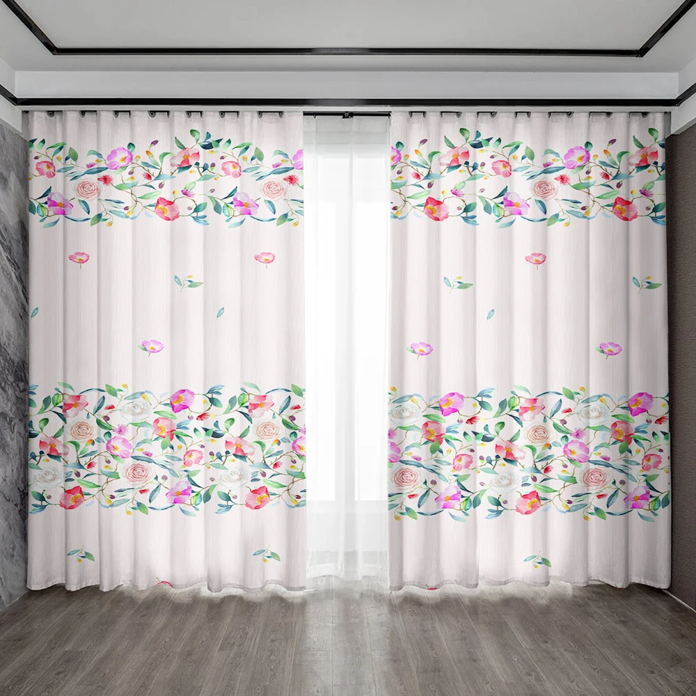 2PC Home Decoration Curtains With Light Purple Floral Background And rod Pocket Curtains, Kitchen, Coffee Shop,Living Room