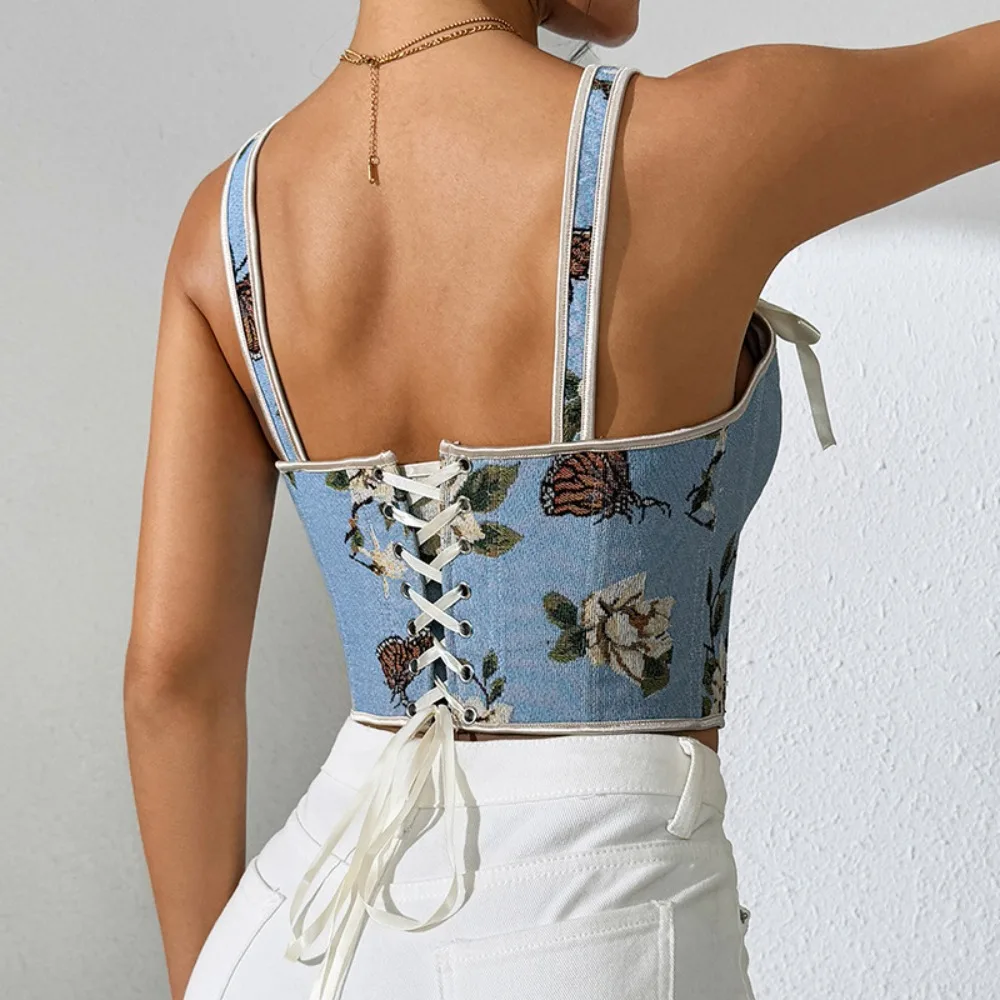 Sexy French Floral Print Bra Top Retro Double Strap Chest Support Body Shapewear Vintage Corset Bow Lace-up Floral Vest