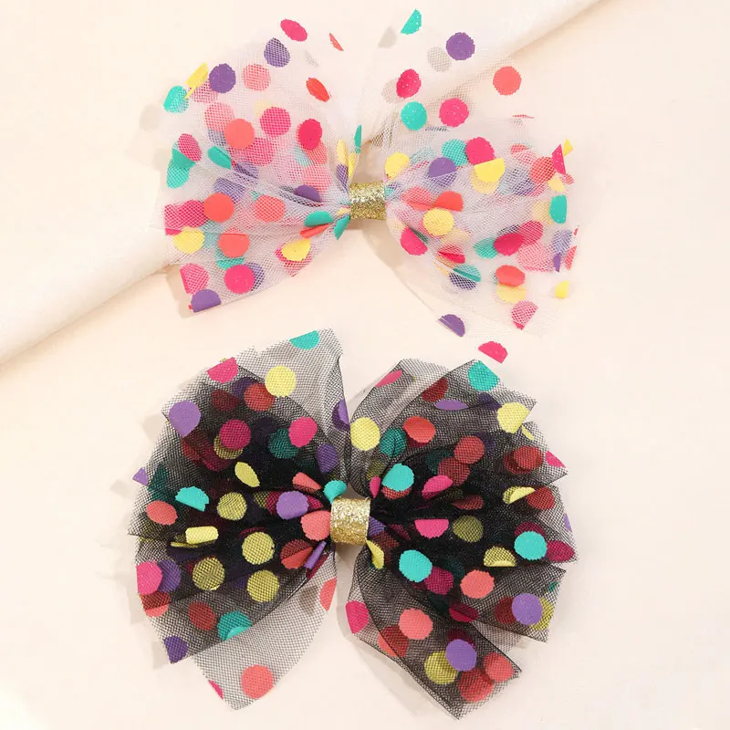 

2PCS Colorful Spot Print Yarn Bowknot Hairpins Girl Elastic Band Ponytail Holder Hair Ropes Fashion Hair Clips For Kids Girls