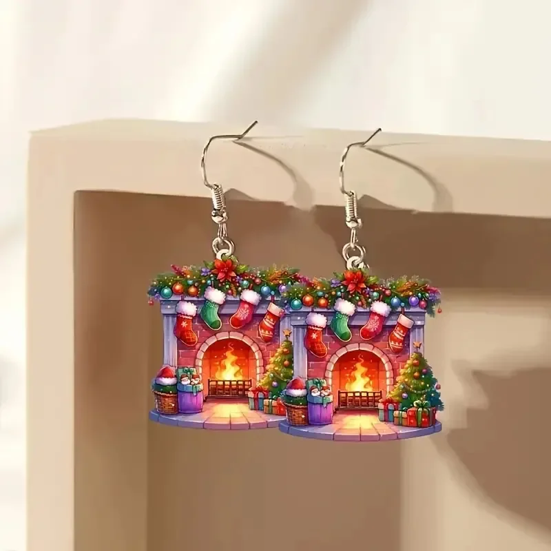 Festive Christmas Fireplace and Socks Acrylic Earrings Careful Gifts for Relatives Christmas Earrings