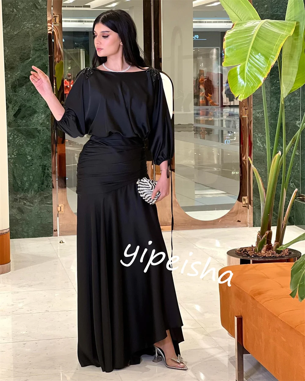 Customized  Evening    Charmeuse Pleat Rhinestone Party A-line Boat Neck Bespoke Occasion Gown Midi es