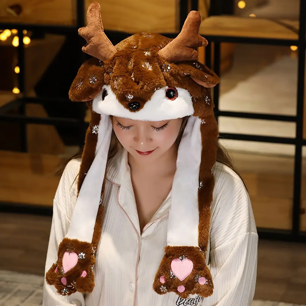 

Windproof Funny Ear Protection Cartoon Female Santa Claus Elk Women Winter Cap Christmas Airbag Cap Bomber Hat Ears Movable Hat