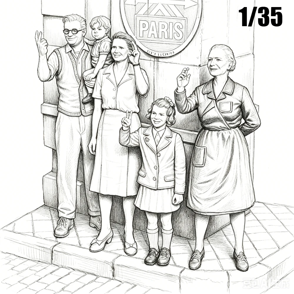 1/35 Scale Civilian Family 5 Figures Resin Model Kit Unpainted Miniature Paris Villager Character Diorama Scene Accessories