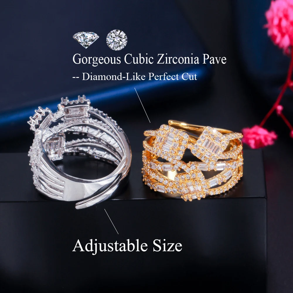 BeaQueen Luxurious Full AAA Shiny Cubic Zirconia Crystal Big Wide Finger Rings for Women Wedding Engagement Jewelry Gifts R165