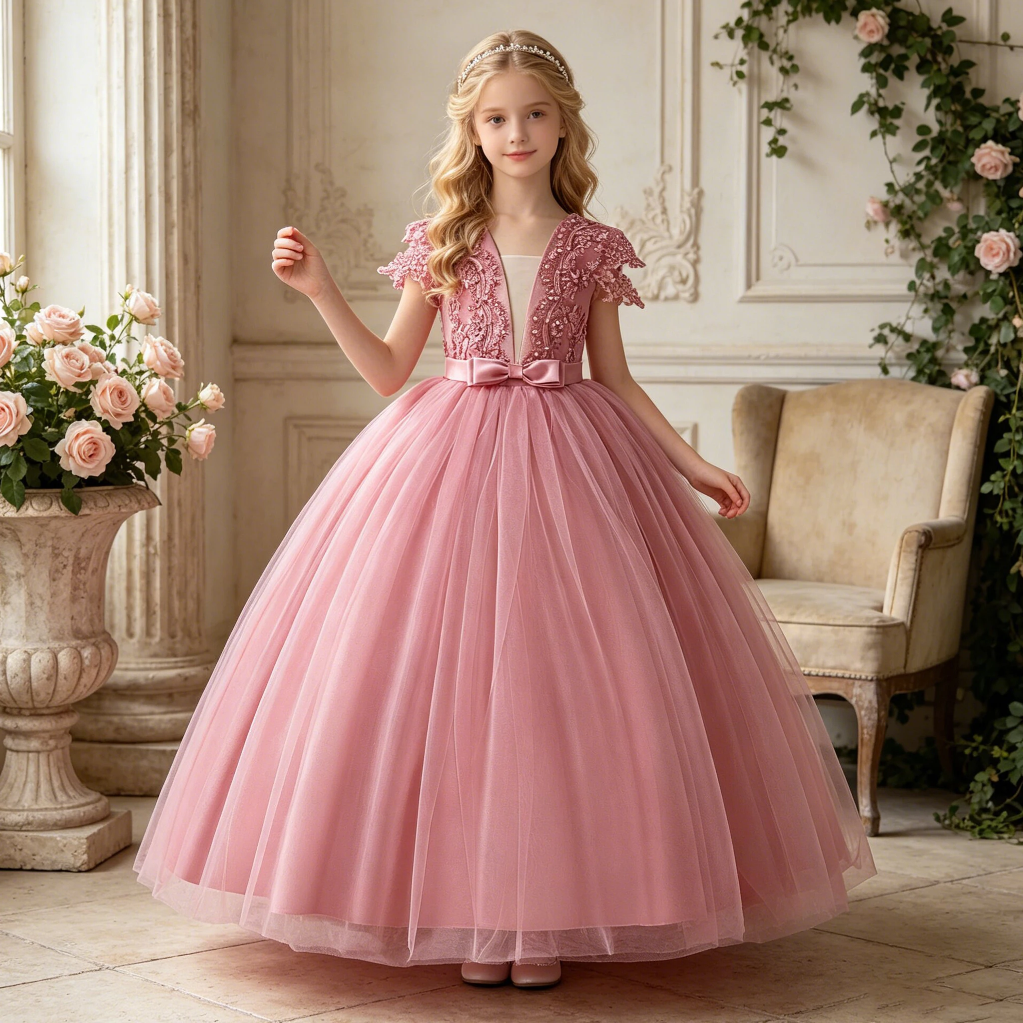 Mode Blume Brautjungfern Mädchen Kleid Elegante Tüll Hochzeit Party Prinzessin Prom Kleider Für Mädchen Bogen Geburtstag Abend Kostüme