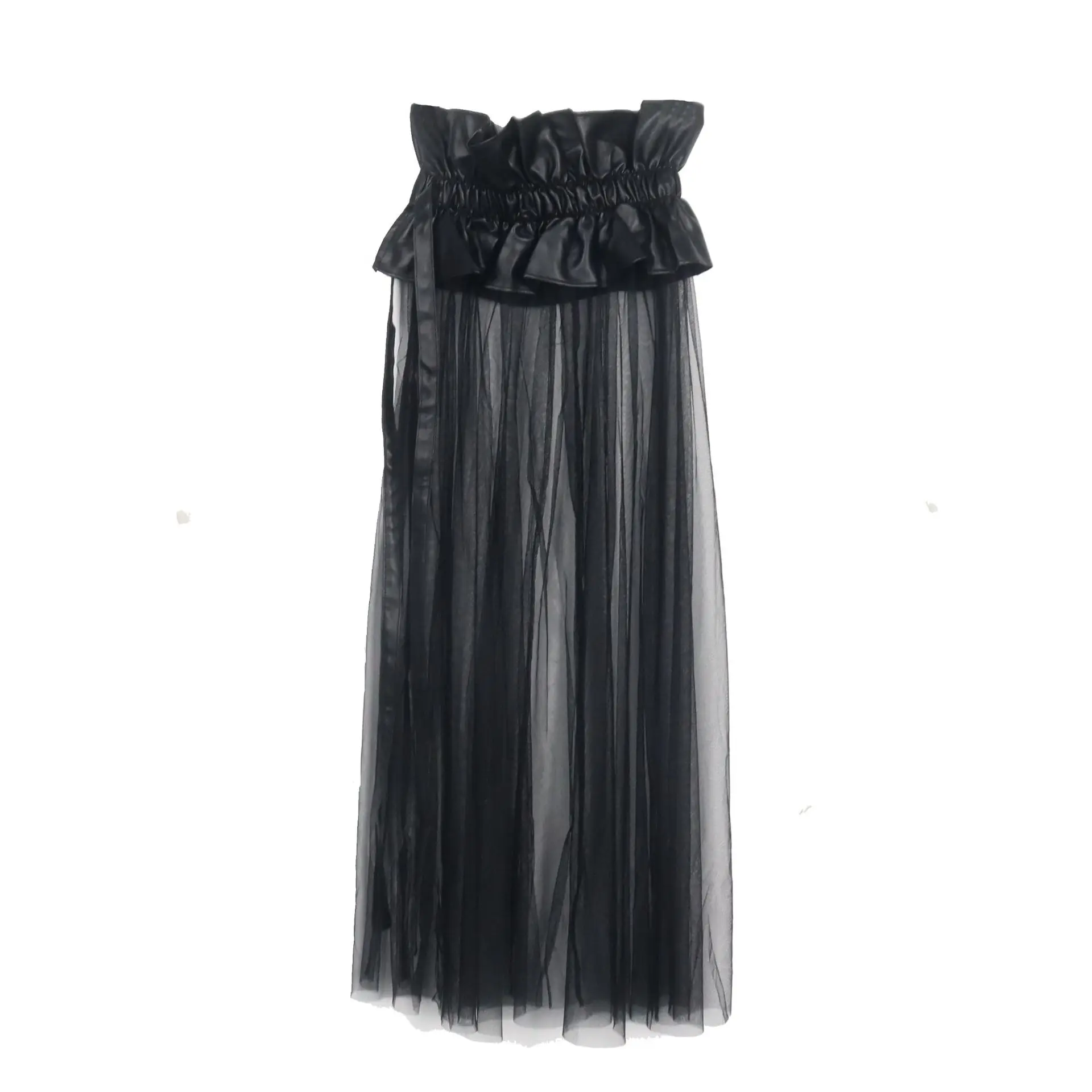 

Дизайнерская юбка А-силуэта с сетчатыми вставками и декоративными нашивками из ПУ / Черная длинная пляжная юбка из сетки