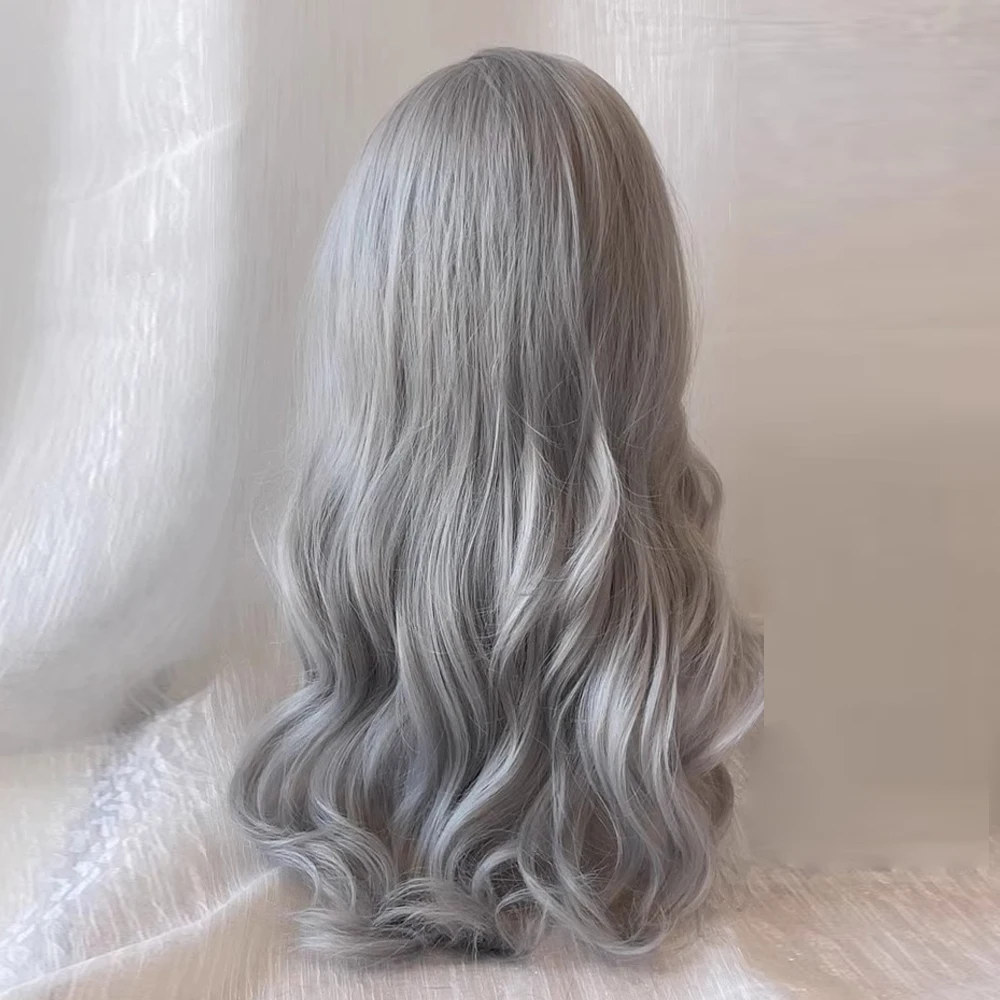 Long Wavy Gray Women Synthetic Wig Heat Resistant Fluffy Lolita Cosplay Wig Middle Part for Daily Party