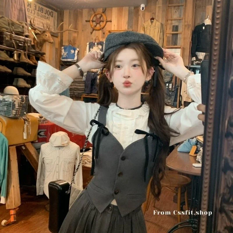 Peninsula Dance Loveliness Cosplay Female Puppet Maid Dress Korean Grey Vest + Shirt Skirt/long Skirt Set Group 2024 Winter New