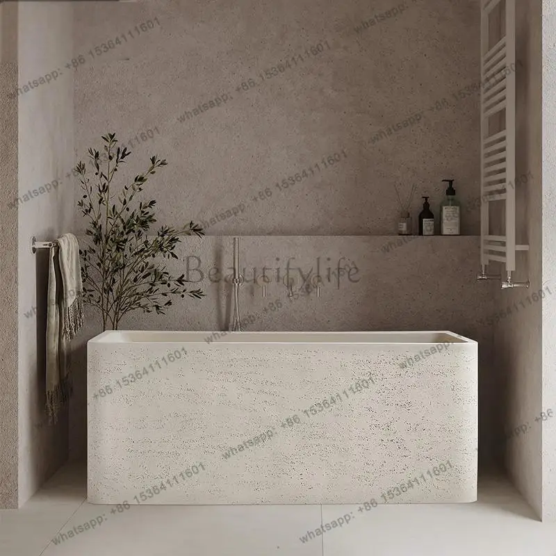 8Cream Wabi-Sabi Square Bathtub, Artistic Travertine Freestanding Tub , Easy-Clean & Heat Retaining, Custom Body Contour Design
