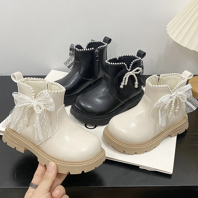 Toddler Girls Lace Bow & Pearl Trim Ankle Boots Little Kids Autumn Side Zipper Princess Booties Non-Slip Soft Rubber Sole Boots