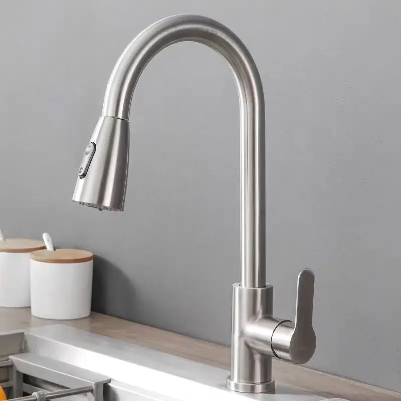 SUS Stainless Steel Pull-Out Kitchen Faucet with Spray Head 360° Rotation Single Hole Sink Mixer Tap for Home Kitchen