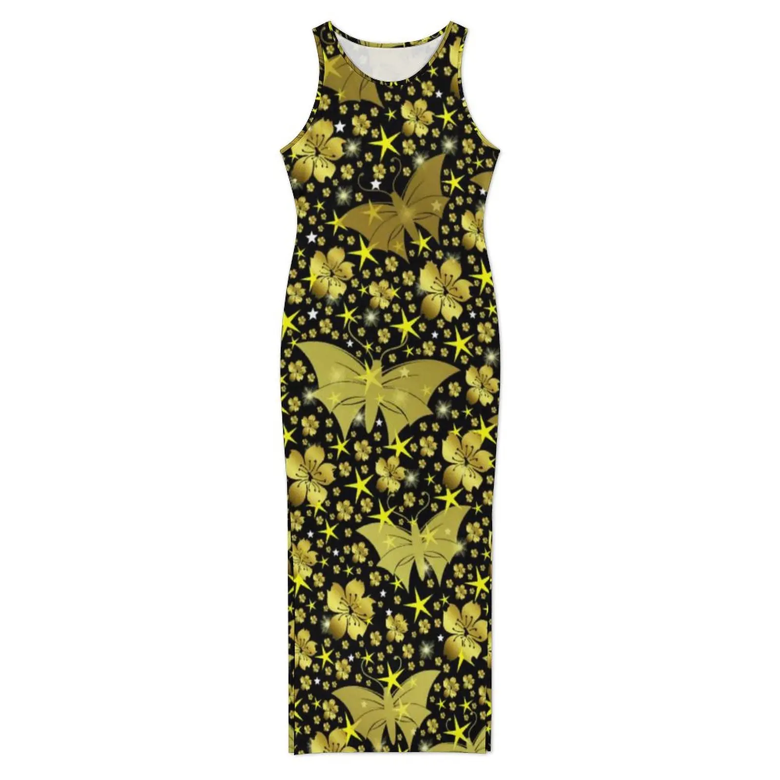 Gold Bright Metallic Dress Sleeveless Shiny Butterflies Street Fashion Maxi Dresses Club Sexy Bodycon Dress Big Size Vestidos