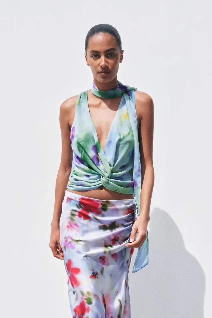 

BB6218 25 Spring New Product Women's Wear Bow Decoration Printed Stand up Collar French Sleeveless Top 3070221