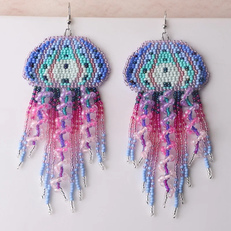 Rice bead earrings Tassel Medusa Design Originality Hand knitting Gradient Bohemia Alloy Fashion Simple Beaded earrings