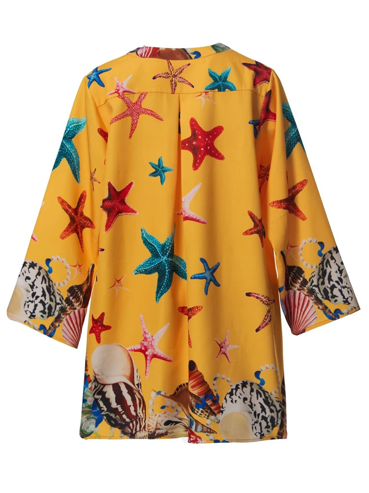 AELESEEN Fashion Designer Summer Mini Dress Women Loose Full Sleeve Starfish Shell Printed Casual Yellow Blue Holiday Vacation