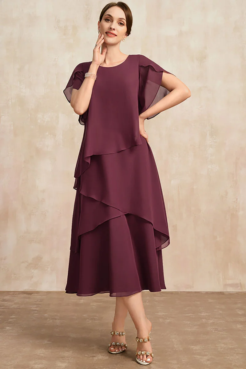 Plus Size Temperament Chiffon Mother Of The Bride Dress Irregular Layered Hem Short Sleeve Maxi Dress Summer Party Dress