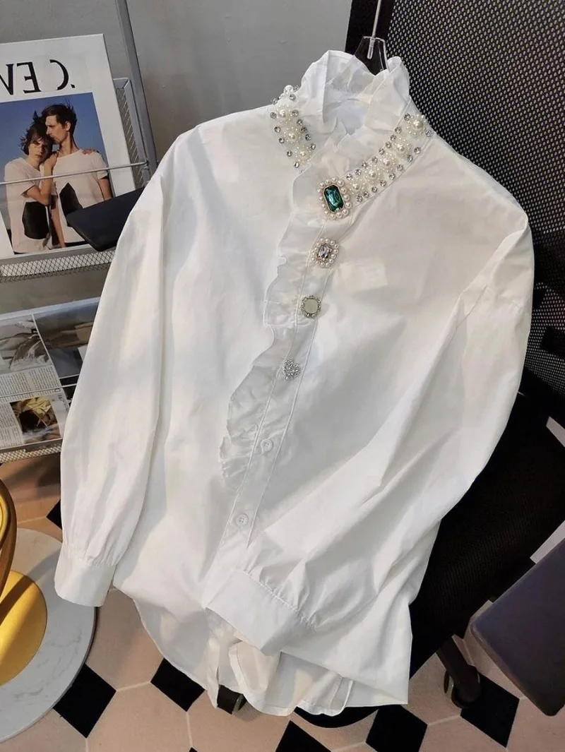 2024 New Women Shirt Top White Auricular Edge Bright Diamond Bottom Shirt Dressing