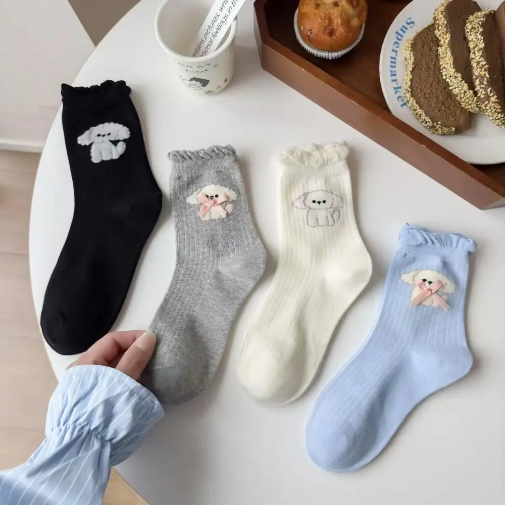 

4Pairs Cartoon Dog Bowknot Ruffle Socks Anti-slip Kawaii Sweet Tube Socks Hosiery Ballet Style Mid-calf Socks Women Streetwear